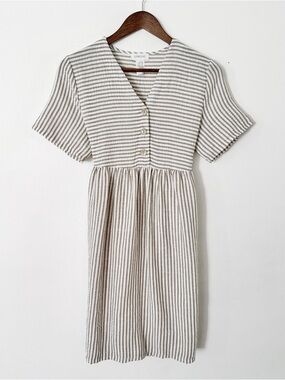 Espresso Sand and White Striped V-Neck Midi Dress medium